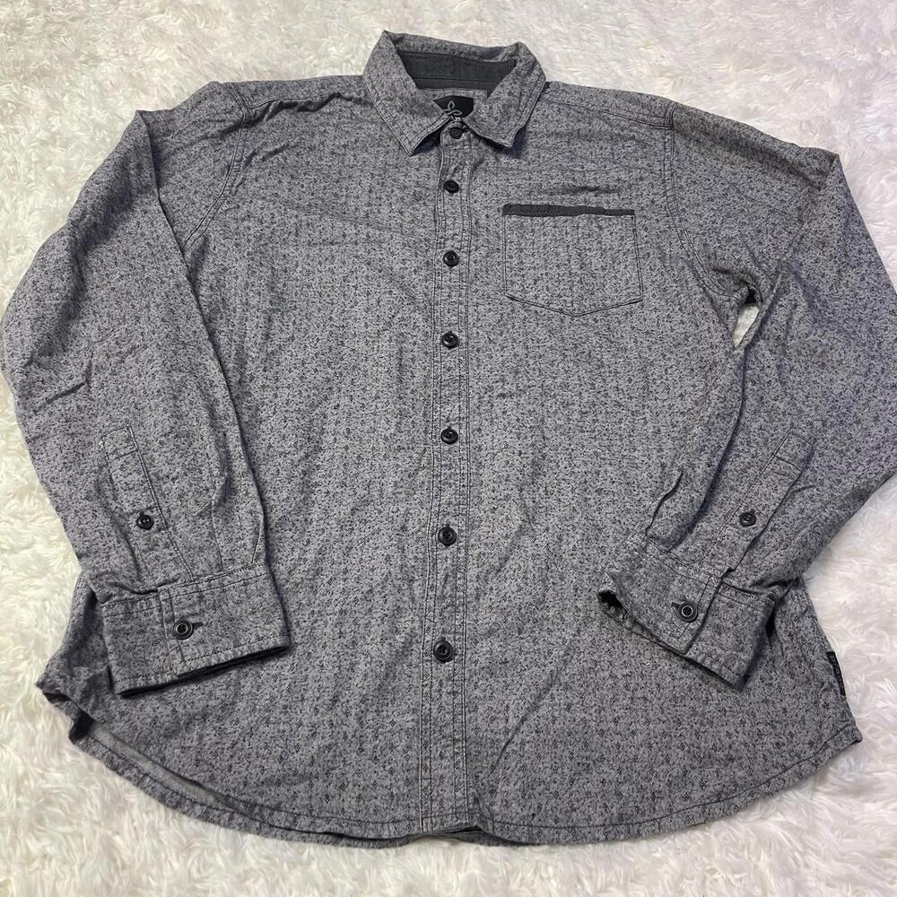 prAna Shirt Adult Large Gray Flannel Button Up Cotton Casual Mens Outdoor